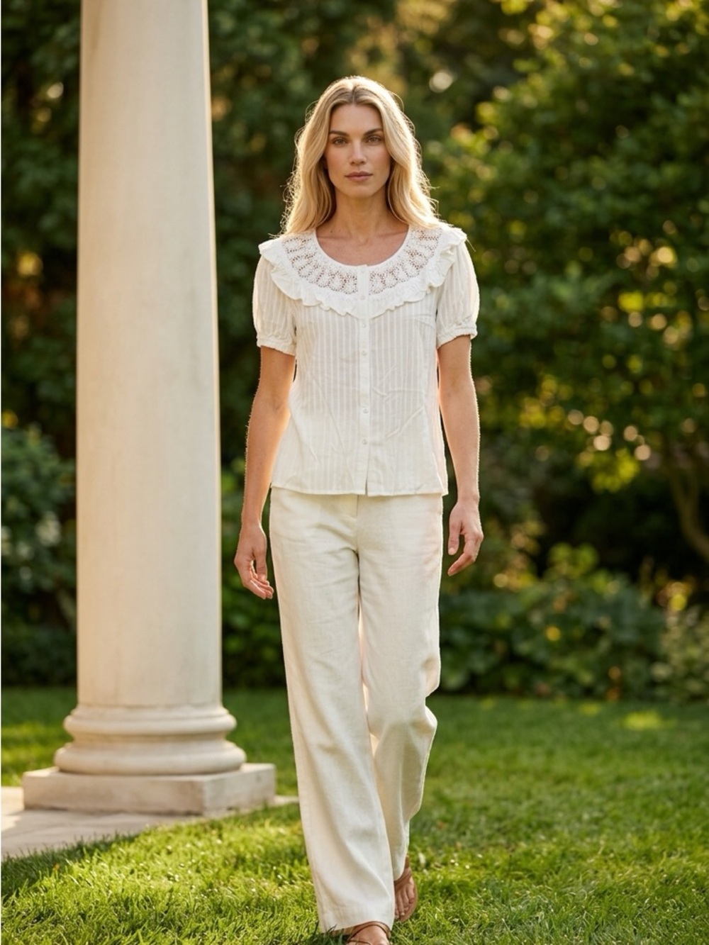 Ivory short sleeve button down top with lace detail women’s size medium nwt - Picture 2 of 7